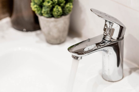 Modern bathroom interior with washbasin and faucet. Panoramic view of a soap dispenser in a bottle and green plants near a metal faucet. Decor, bathroom details.の写真素材