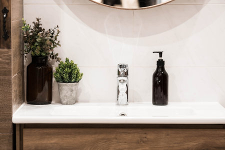 Modern bathroom interior with washbasin and faucet. Panoramic view of a soap dispenser in a bottle and green plants near a metal faucet. Decor, bathroom details.の写真素材
