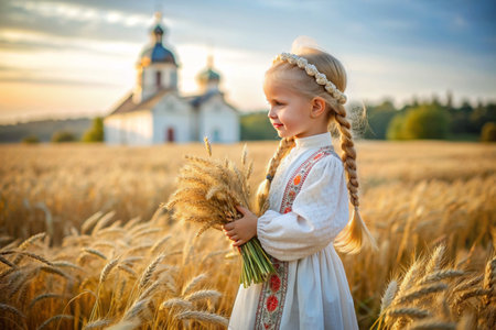 Russian Russian girl in a white dress and a Russian headscarf holds golden ears of wheat against the background of a ripening field and an Orthodox church. The concept of planting and harvesting a rich harvest. Rural landscape.の素材