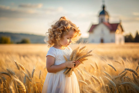 Russian Russian girl in a white dress and a Russian headscarf holds golden ears of wheat against the background of a ripening field and an Orthodox church. The concept of planting and harvesting a rich harvest. Rural landscape.の素材