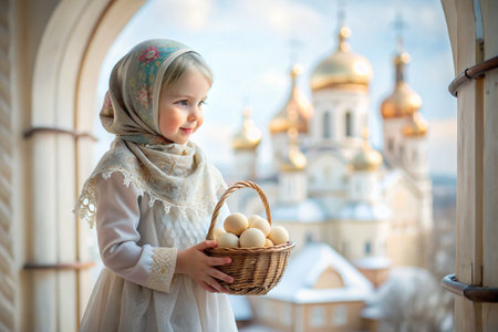 Happy bright Easter. Christianity. Portrait of a three-year-old girl in a Russian folk dress and shawl with a wicker basket with Easter eggs in her hands against the background of an Orthodox church.の素材