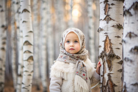 Russian folk traditions. Russian flavor. A cute little girl in a national Russian dress and headscarf in a beautiful birch grove. Portrait of a beautiful girl in a birch forest.の素材