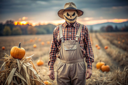 The concept of the Halloween holiday. Horror. Fear. A scary scarecrow with a pumpkin for a head, in a plaid shirt and a bow tie. Banner, postcard.の素材