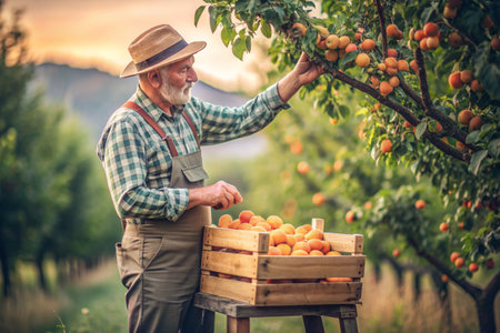 Agricultural industry. A wooden box with apricots in the hands of a male farmer. The gardener is harvesting a rich harvest. Close-up, sunlight. Autumn fruit picking.の素材