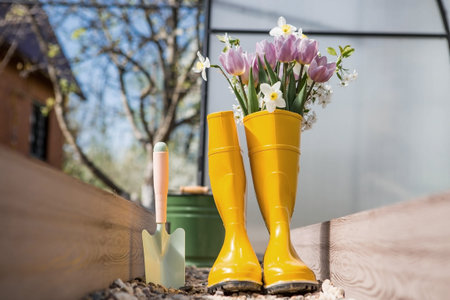 Yellow rubber boots with a bouquet of spring tulips and daffodils. A bucket and a small shovel in...
