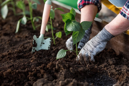 The hands of an elderly woman are holding a young plant in the ground. Bulgarian pepper seedlings are planted in the soil. Close-up. The concept of spring planting of vegetables and agriculture.の写真素材