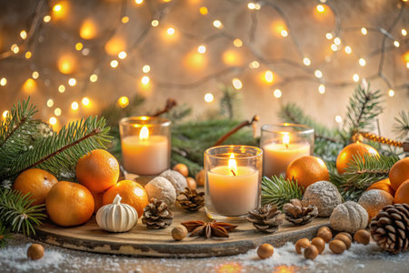 Christmas composition with burning candles, tangerines and fir branches on wooden backgroundの素材
