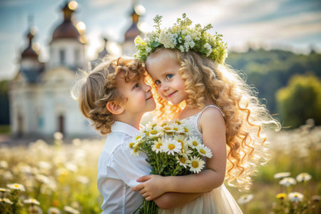 All-Russian day of family, love, fidelity. Cute little curly-haired boy and girl with a bouquet of daisies on the background of an Orthodox church. Valentine's Day of Peter and Fevronia.の素材
