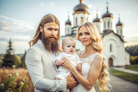 All-Russian day of family, love, fidelity. A man and a woman with daisies with a baby in their arms against the background of an Orthodox church. Valentine's Day of Peter and Fevronia.の素材