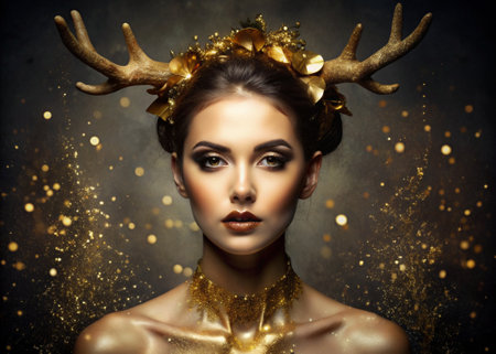A creative banner for a beauty salon in black and gold tones. A professional makeup artist, stylist and hairdresser. A beautiful woman with evening makeup and golden horns on her head. The beauty industry.の素材