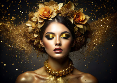 A creative banner for a beauty salon in black and gold tones. A professional makeup artist, stylist and hairdresser. A beautiful woman with evening makeup and a golden wreath of flowers on her head. The beauty industry.の素材
