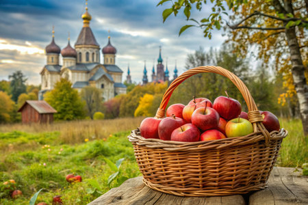 The concept of the Russian Orthodox holiday yablochny spas. A beautiful wicker basket made of vines with red ripe apples on the background of an Orthodox church.の素材