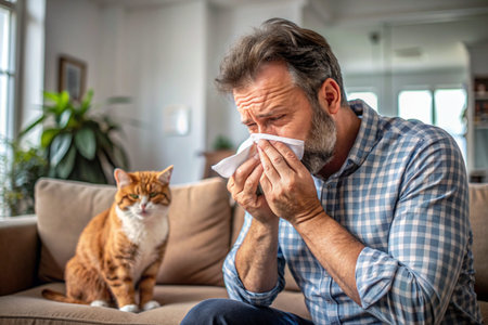 A man sneezes into a white napkin at home. Allergies to cats and pet hair. There's a cat sitting next to me.の素材