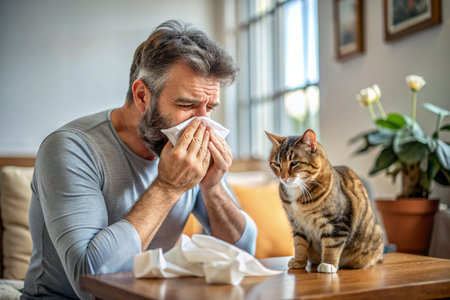 A man sneezes into a white napkin at home. Allergies to cats and pet hair. There's a cat sitting next to me.の素材