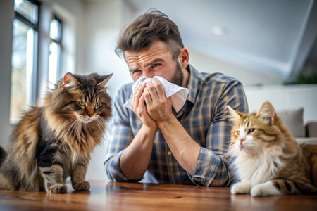 A man sneezes into a white napkin at home. Allergies to cats and pet hair. There's a cat sitting next to me.の素材