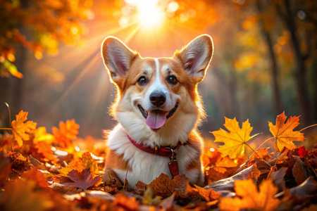 Portrait of a cute joyful Welsh Corgi dog in autumn against the background of autumn leaves. A banner with a picture of a pet dog.の素材