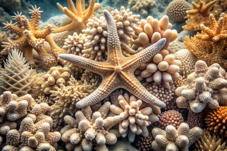The concept of summer holidays. The underwater world. Corals and starfish underwater. Beautiful abstract background for the banner.の素材