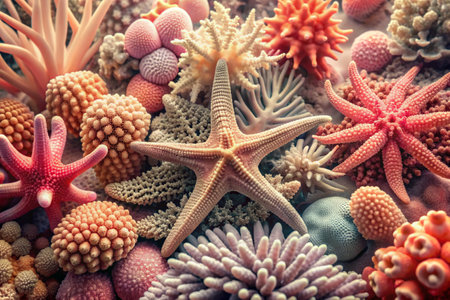 The concept of summer holidays. The underwater world. Corals and starfish underwater. Beautiful abstract background for the banner.の素材