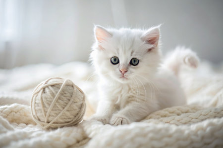 Pets. A small fluffy white kitten is playing with a ball of yarn on a white bed. A curious kitten lies on a white blanket and looks at the camera. Textiles, knitting.の素材