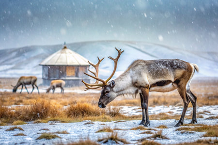 Reindeer graze against the background of a tundra landscape and a winter yurt. Snow is falling. Snowstorm.の素材