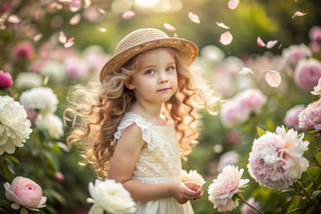 Spring flowering. Portrait of a beautiful little curly-haired girl of 4 years old in a straw hat and dress in a blooming garden of peonies. Childhood. The baby is posing and looking at the camera.の素材