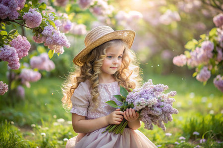 Spring flowering. Portrait of a beautiful little curly-haired girl of 4 years old in a straw hat and dress in a blooming lilac garden. Childhood. The baby is posing and looking at the camera.の素材