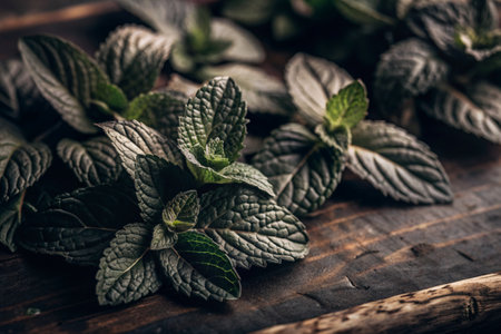Close-up of green mint leaves. Leaves with noticeable veins and texture. Mint, lemon balm for brewing tea. Herbal tea for the nervous system.の素材