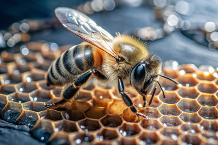 A bee sitting on a honeycomb close-up. Macro photography.の素材