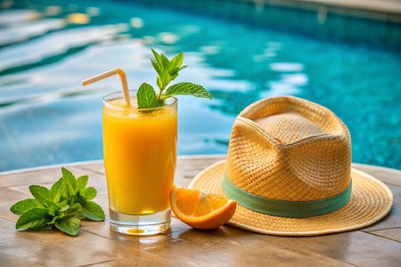 A glass of delicious freshly squeezed orange juice on the background of the pool. Fresh orange juice with orange, ice cubes and mint.の素材