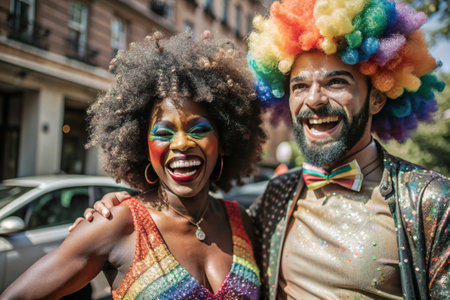 Close-up. A happy African-American transvestite. A woman and a man in a rainbow afro clown wig and shiny makeup celebrate LGBT+ at the pride parade. Gay in fancy dress.の素材
