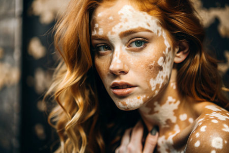 Leukoderma. Vitiligo. Violation of skin pigmentation. Large white spots all over the body and face. Portrait of a beautiful girl with a skin disease.の素材