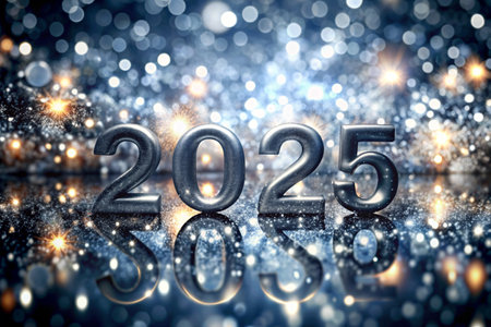 The banner. Happy New Year and Merry Christmas. Silver, shiny 2025 numbers, sequins and a beautiful bokeh on a black background. The flyer. Invitation.の素材