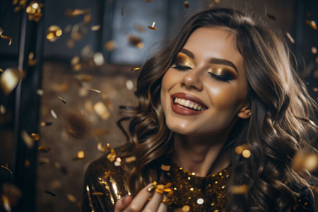 A party. A beautiful, happy girl in a stylish festive dress surrounded by gold confetti and sequins. The concept of celebrating a birthday and a happy new year. Close-up.の素材
