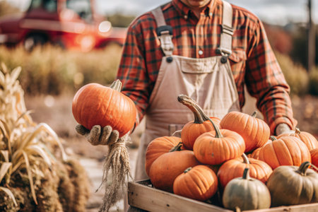 The hands of a man in a plaid shirt with a pumpkin in close-up and a beautiful autumn pattern. Harvesting pumpkins. The concept of a Thanksgiving and Halloween party.の素材