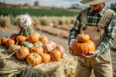 The hands of a man in a plaid shirt with a pumpkin in close-up and a beautiful autumn pattern. Harvesting pumpkins. The concept of a Thanksgiving and Halloween party.の素材