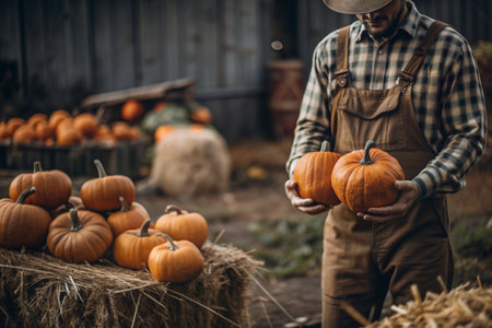 The hands of a man in a plaid shirt with a pumpkin in close-up and a beautiful autumn pattern. Harvesting pumpkins. The concept of a Thanksgiving and Halloween party.の素材