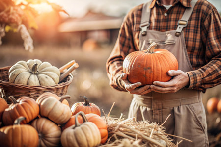 The hands of a man in a plaid shirt with a pumpkin in close-up and a beautiful autumn pattern. Harvesting pumpkins. The concept of a Thanksgiving and Halloween party.の素材