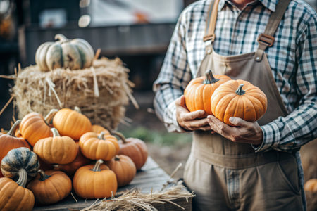 The hands of a man in a plaid shirt with a pumpkin in close-up and a beautiful autumn pattern. Harvesting pumpkins. The concept of a Thanksgiving and Halloween party.の素材