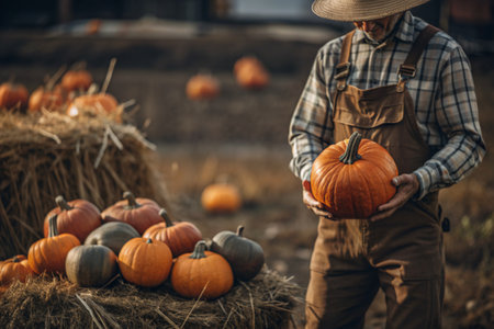 The hands of a man in a plaid shirt with a pumpkin in close-up and a beautiful autumn pattern. Harvesting pumpkins. The concept of a Thanksgiving and Halloween party.の素材