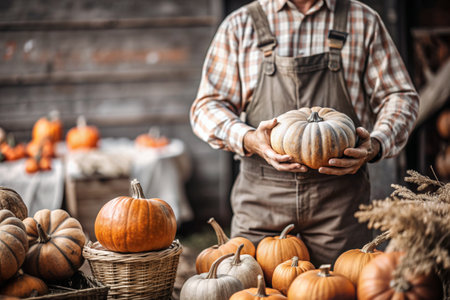The hands of a man in a plaid shirt with a pumpkin in close-up and a beautiful autumn pattern. Harvesting pumpkins. The concept of a Thanksgiving and Halloween party.の素材