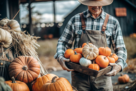 The hands of a man in a plaid shirt with a pumpkin in close-up and a beautiful autumn pattern. Harvesting pumpkins. The concept of a Thanksgiving and Halloween party.の素材