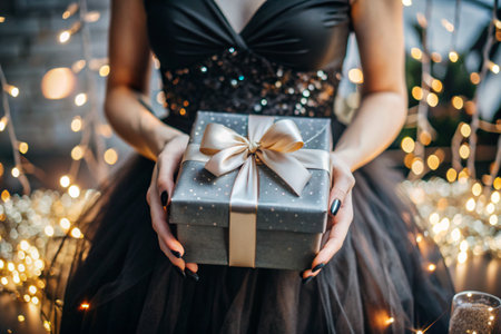 A woman in a stylish festive dress holds a gift box with a satin ribbon bow on a black background with a beautiful side.の素材
