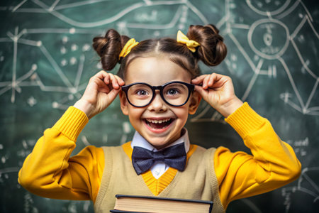 A pretty girl with glasses and books in her hands. The child goes to school for the first time. A child in the classroom on the background of a blackboard. Back to school.の素材
