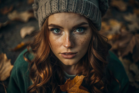 Autumn portrait. Close-up of a red-haired young woman with expressive green eyes in a knitted hat and sweater.の素材