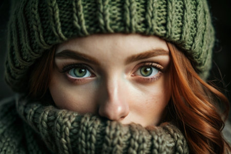 Autumn portrait. Close-up of a red-haired young woman with expressive green eyes in a knitted hat and sweater.の素材