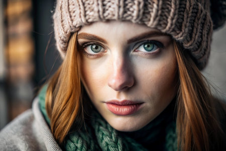 Autumn portrait. Close-up of a red-haired young woman with expressive green eyes in a knitted hat and sweater.の素材