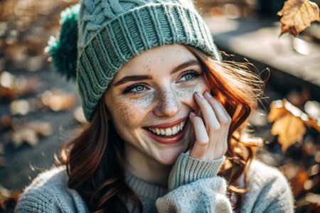 Autumn portrait. Close-up of a red-haired young woman with expressive green eyes in a knitted hat and sweater. The girl laughs in the rays of the setting autumn sun.の素材