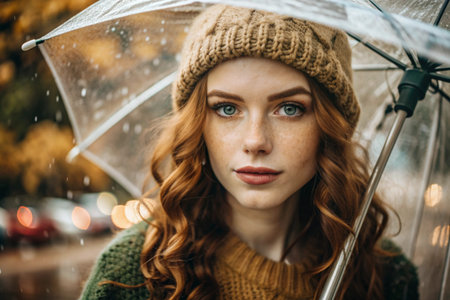 Autumn portrait in the rain. Close-up of a young red-haired woman with expressive green eyes in a knitted hat under an umbrella.の素材