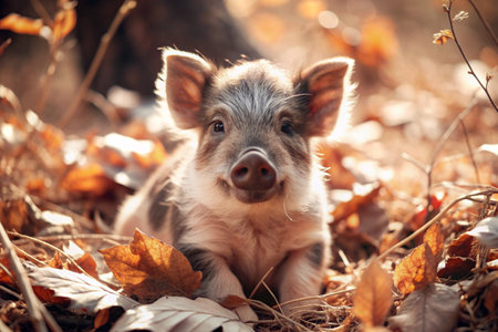 A cute little boar sitting among the autumn yellow foliage. Animal hunting.の素材