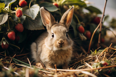 A cute gray bunny sitting among the spring foliage and strawberries. Animal hunting. A pest in the garden.の素材